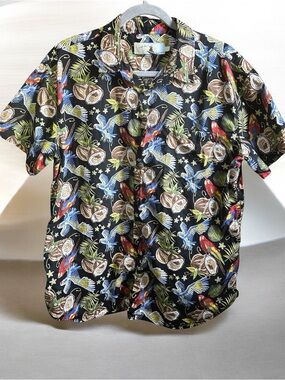 🌸High Surf  Men's Medium Blue Parrot Coconut Tropical Cotton Hawaiian Shirt